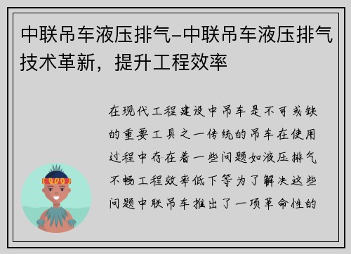 中联吊车液压排气-中联吊车液压排气技术革新，提升工程效率