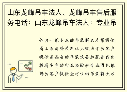 山东龙峰吊车法人、龙峰吊车售后服务电话：山东龙峰吊车法人：专业吊装解决方案