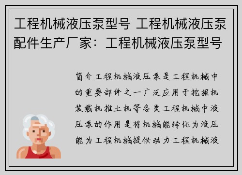 工程机械液压泵型号 工程机械液压泵配件生产厂家：工程机械液压泵型号大全